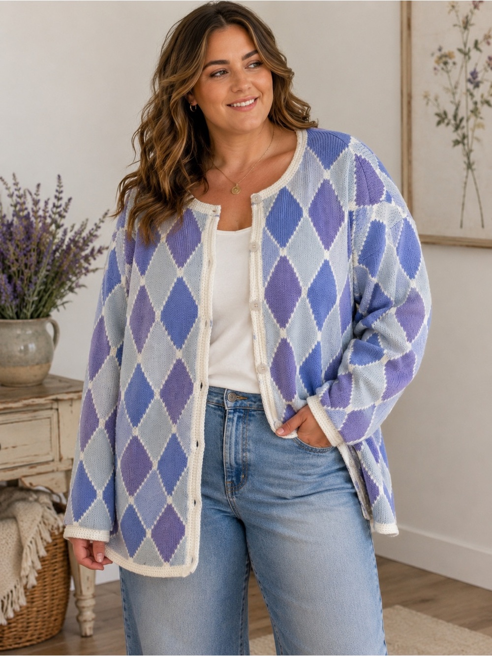 Pandemonium Vintage Argyle Cardigan 2XL Lavender Blue Gray Grannycore Preppy